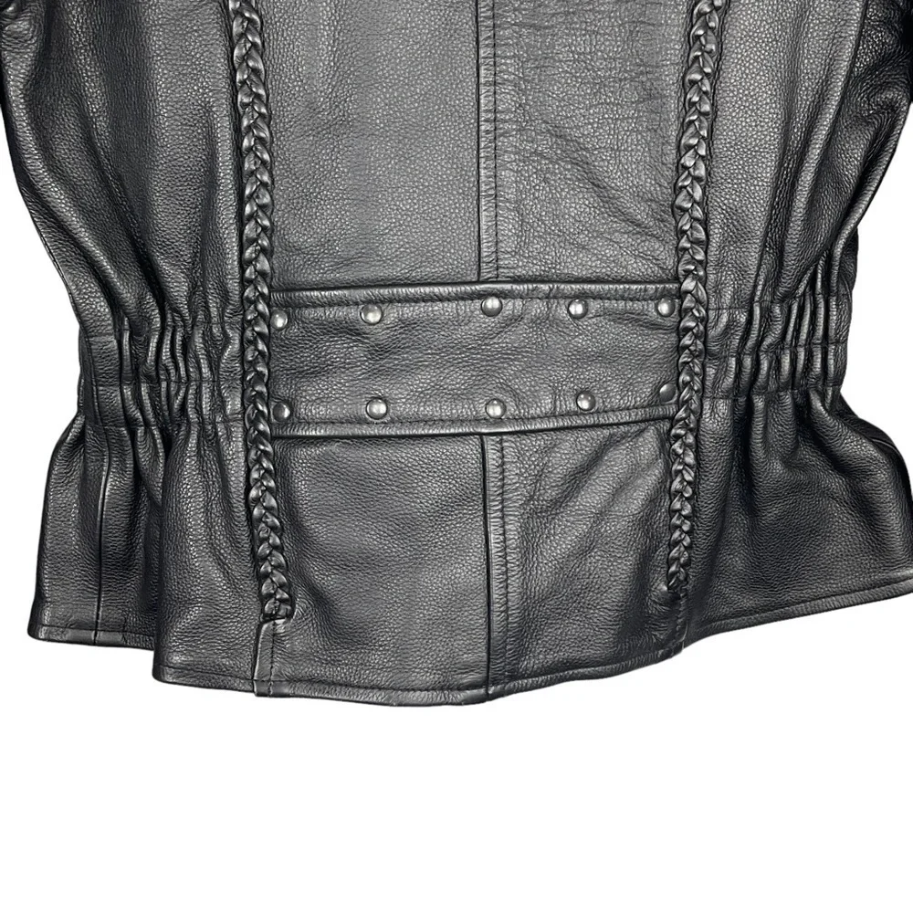 BIKERS DREAM APPAREL HEAVY LEATHER ZIP UP BRAIDED TRIM MOTORCYCLE MOTO JACKET
